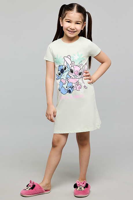Angel & Stitch Print Nightdress with Crew Neck and Short Sleeves