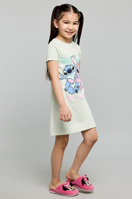 Angel & Stitch Print Nightdress with Crew Neck and Short Sleeves