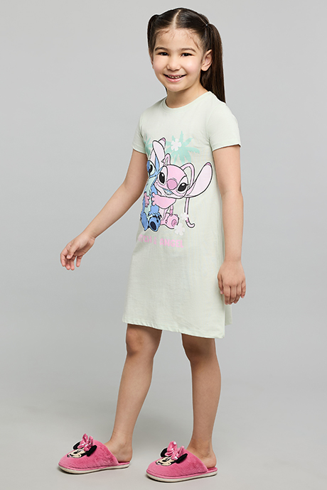 Angel & Stitch Print Nightdress with Crew Neck and Short Sleeves