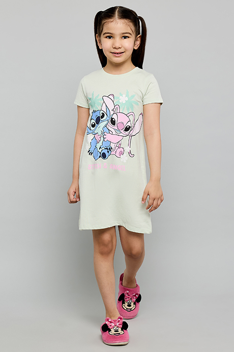 Angel & Stitch Print Nightdress with Crew Neck and Short Sleeves
