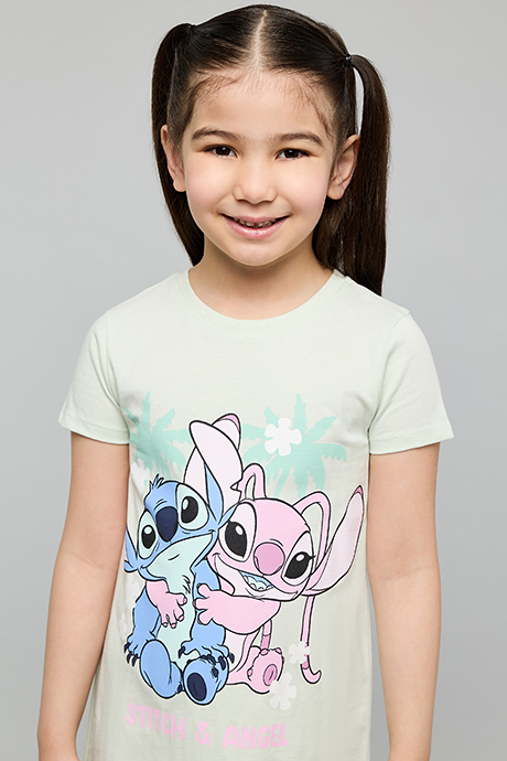 Angel & Stitch Print Nightdress with Crew Neck and Short Sleeves