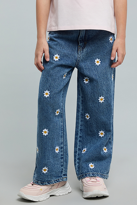 Embroidered Straight Fit Jeans with Button Closure