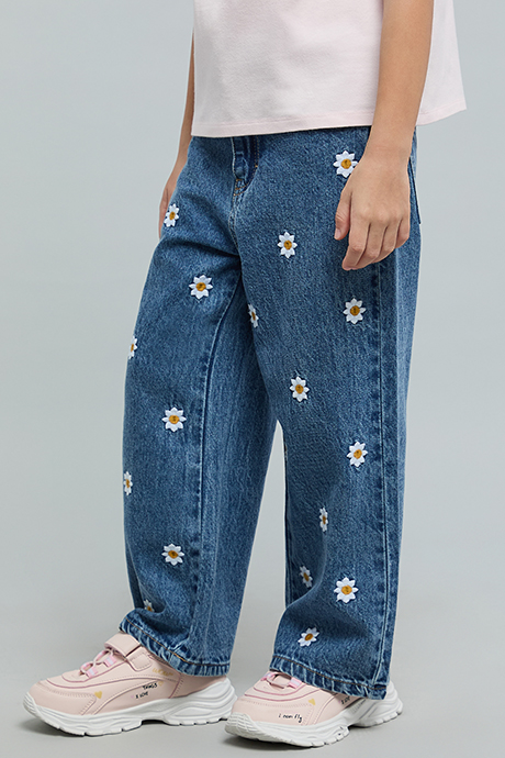 Embroidered Straight Fit Jeans with Button Closure