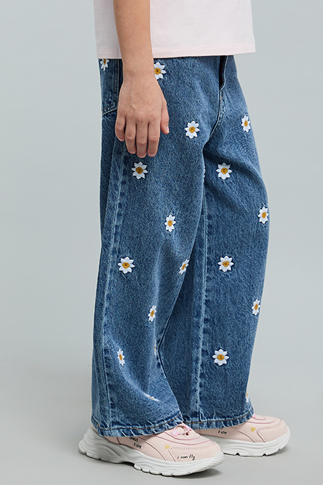 Embroidered Straight Fit Jeans with Button Closure