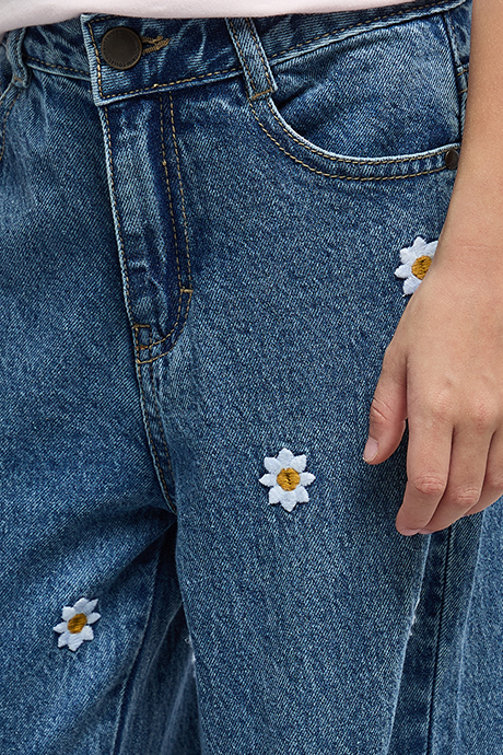 Embroidered Straight Fit Jeans with Button Closure