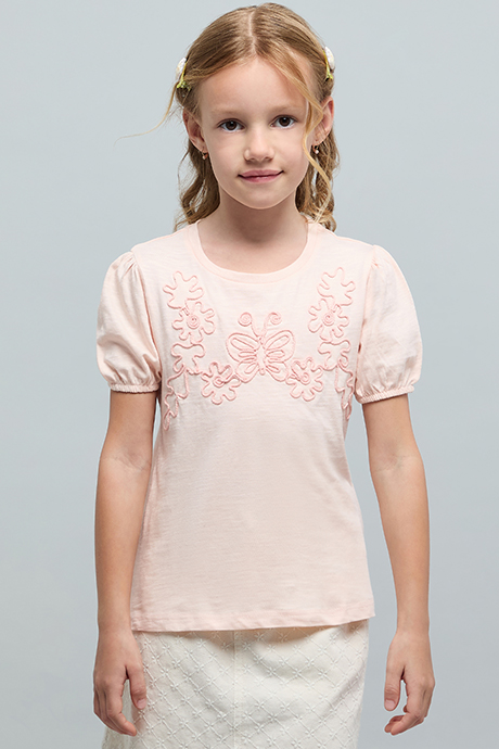 Embroidered Top with Crew Neck and Puff Sleeves