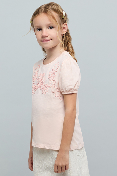 Embroidered Top with Crew Neck and Puff Sleeves