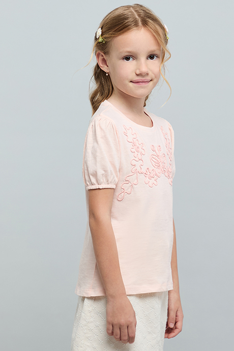 Embroidered Top with Crew Neck and Puff Sleeves