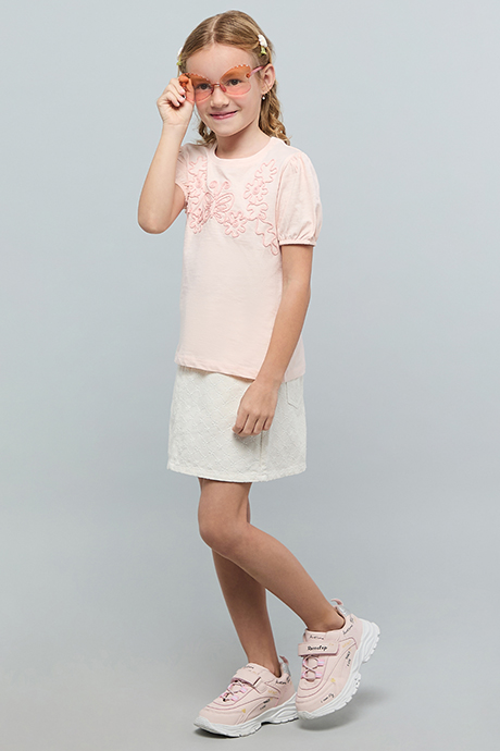 Embroidered Top with Crew Neck and Puff Sleeves