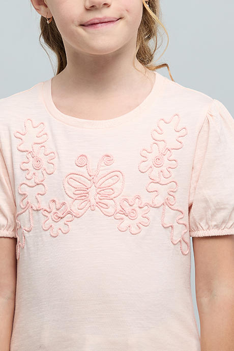 Embroidered Top with Crew Neck and Puff Sleeves