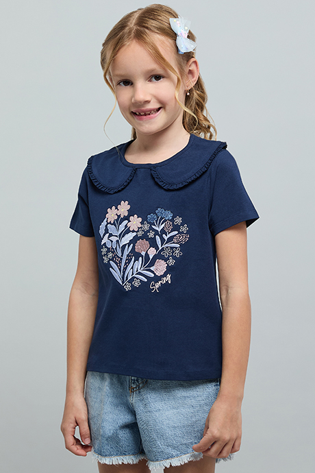 Printed Top with Peter Pan Collar and Short Sleeves