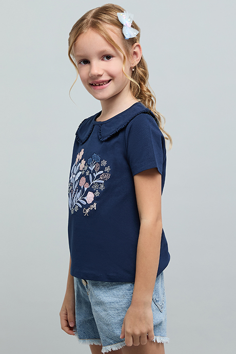 Printed Top with Peter Pan Collar and Short Sleeves