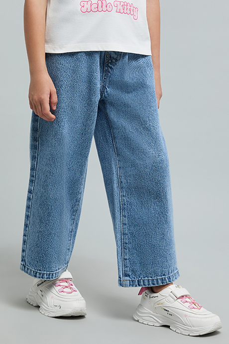 Washed Wide Leg Jeans with Drawstring Waist
