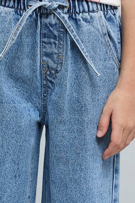 Washed Wide Leg Jeans with Drawstring Waist