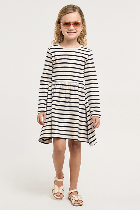 Striped Flared Dress with Crew Neck and Long Sleeves