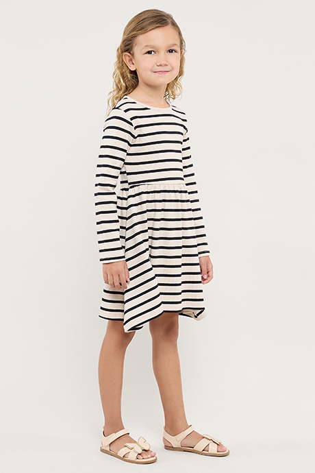 Striped Flared Dress with Crew Neck and Long Sleeves