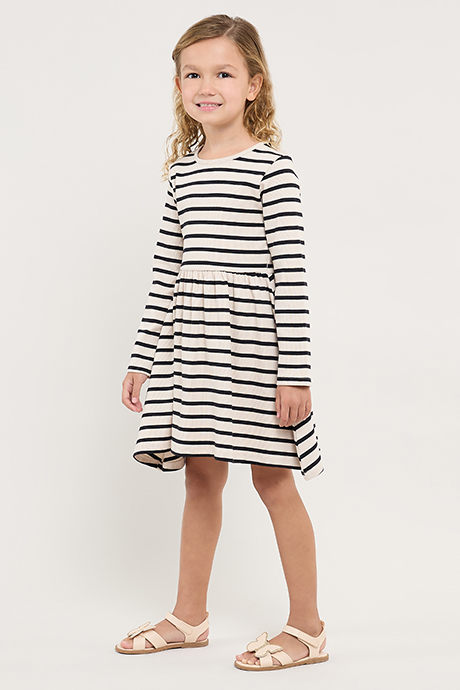Striped Flared Dress with Crew Neck and Long Sleeves