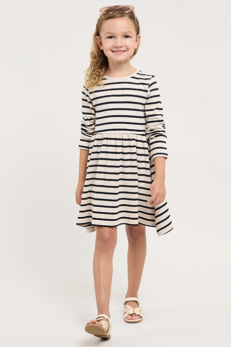 Striped Flared Dress with Crew Neck and Long Sleeves