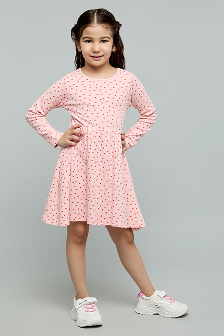 Heart Print Fit & Flare Dress with Crew Neck and Long Sleeves