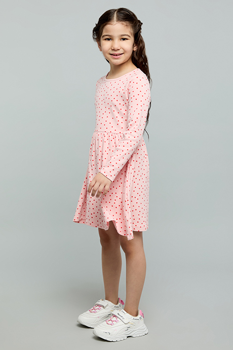 Heart Print Fit & Flare Dress with Crew Neck and Long Sleeves
