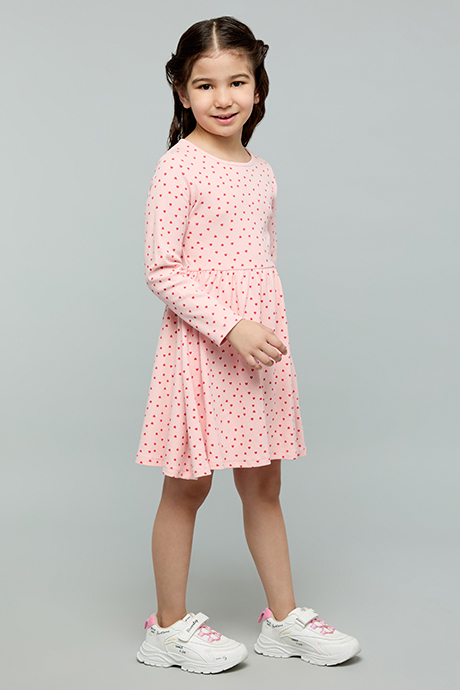 Heart Print Fit & Flare Dress with Crew Neck and Long Sleeves