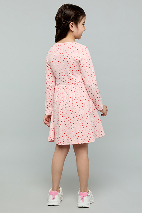Heart Print Fit & Flare Dress with Crew Neck and Long Sleeves