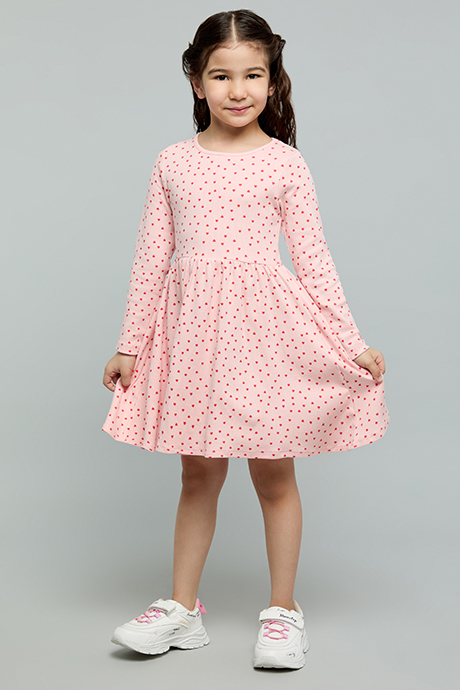 Heart Print Fit & Flare Dress with Crew Neck and Long Sleeves