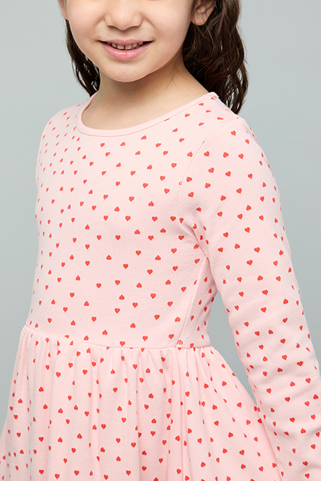 Heart Print Fit & Flare Dress with Crew Neck and Long Sleeves