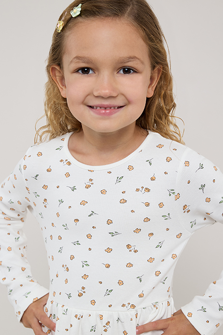 Printed Fit & Flare Dress with Crew Neck and Long Sleeves