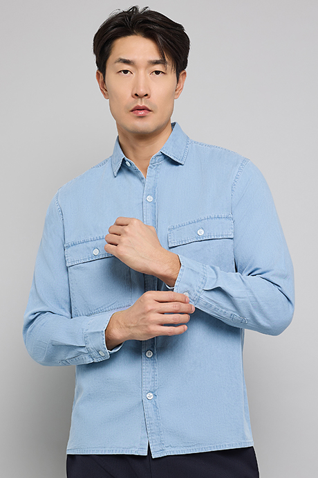 Washed Denim Shirt with Classic Collar and Long Sleeves
