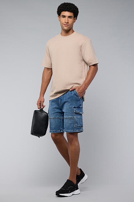 Washed Cargo Denim Shorts with Drawstring Waist