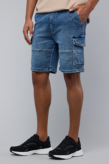 Washed Cargo Denim Shorts with Drawstring Waist