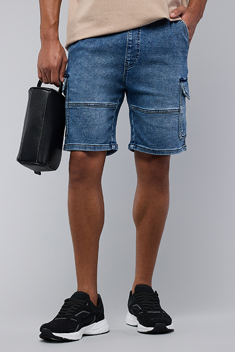 Washed Cargo Denim Shorts with Drawstring Waist