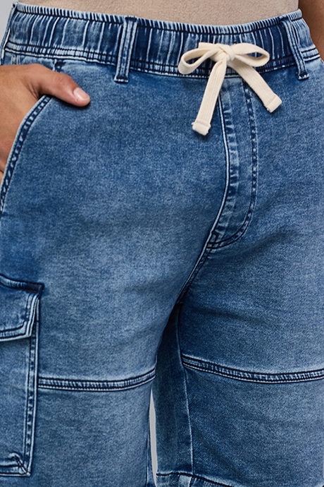 Washed Cargo Denim Shorts with Drawstring Waist