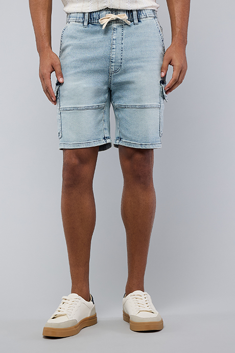 Washed Cargo Denim Shorts with Drawstring Waist
