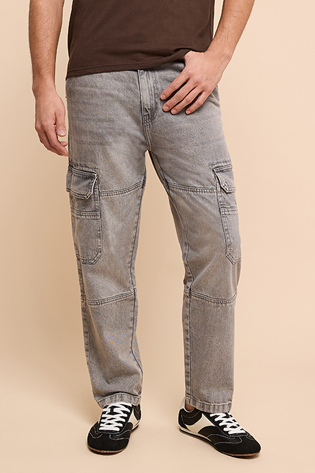 Washed Cargo Jeans with Button Closure