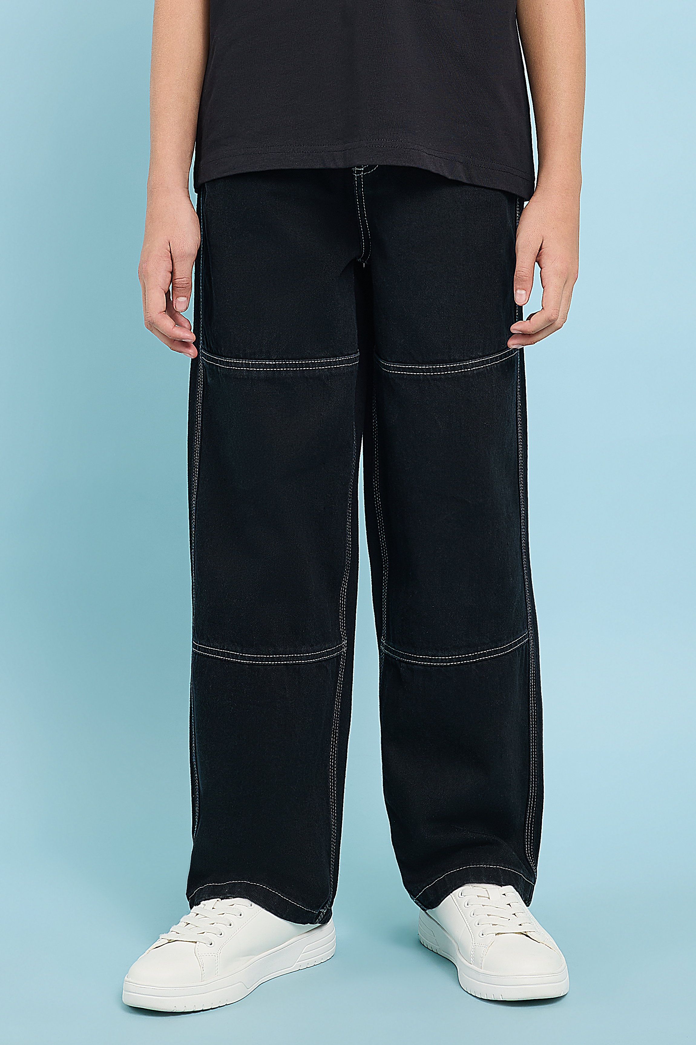 Seam Detail Loose Fit Jeans with Button Closure