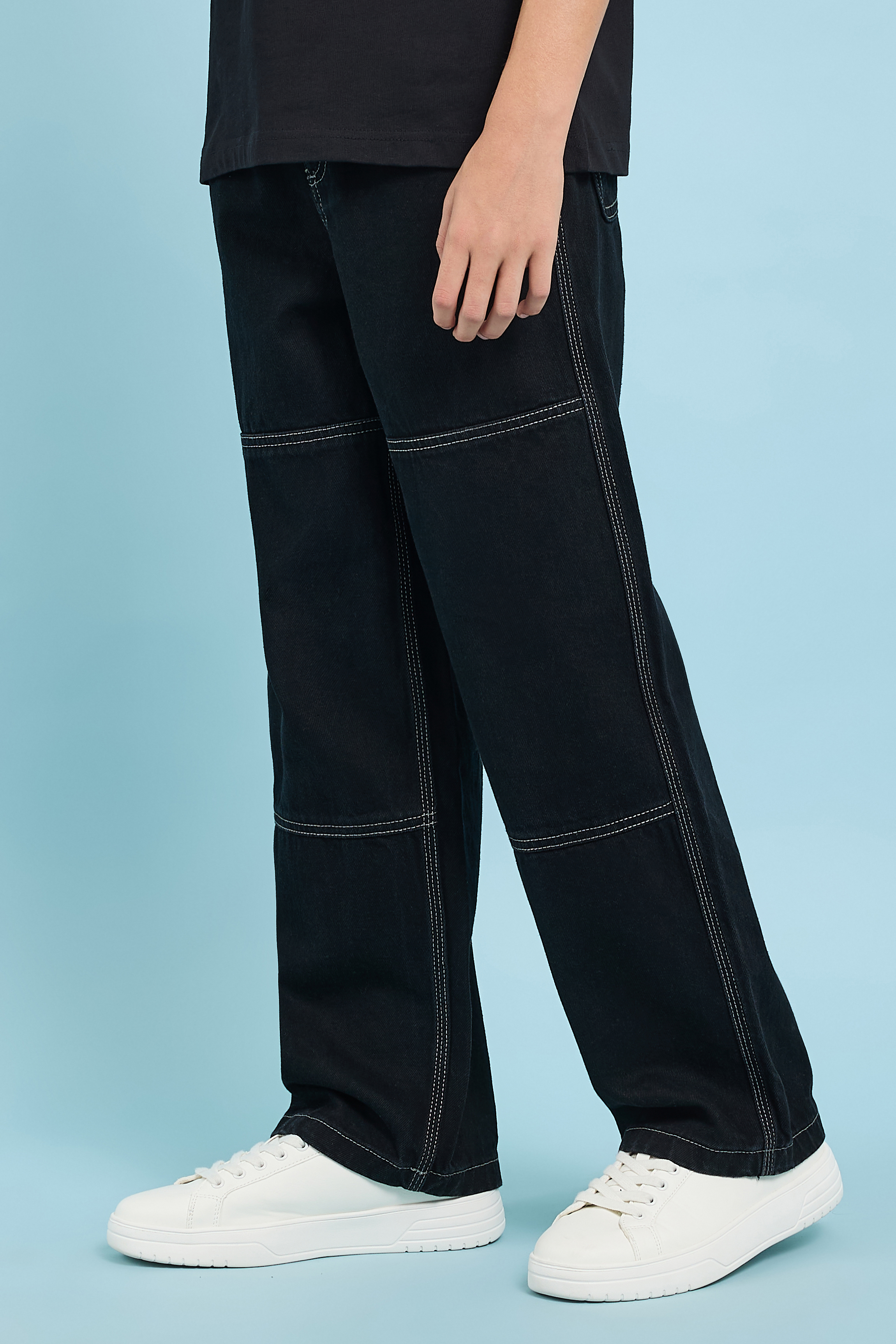 Seam Detail Loose Fit Jeans with Button Closure