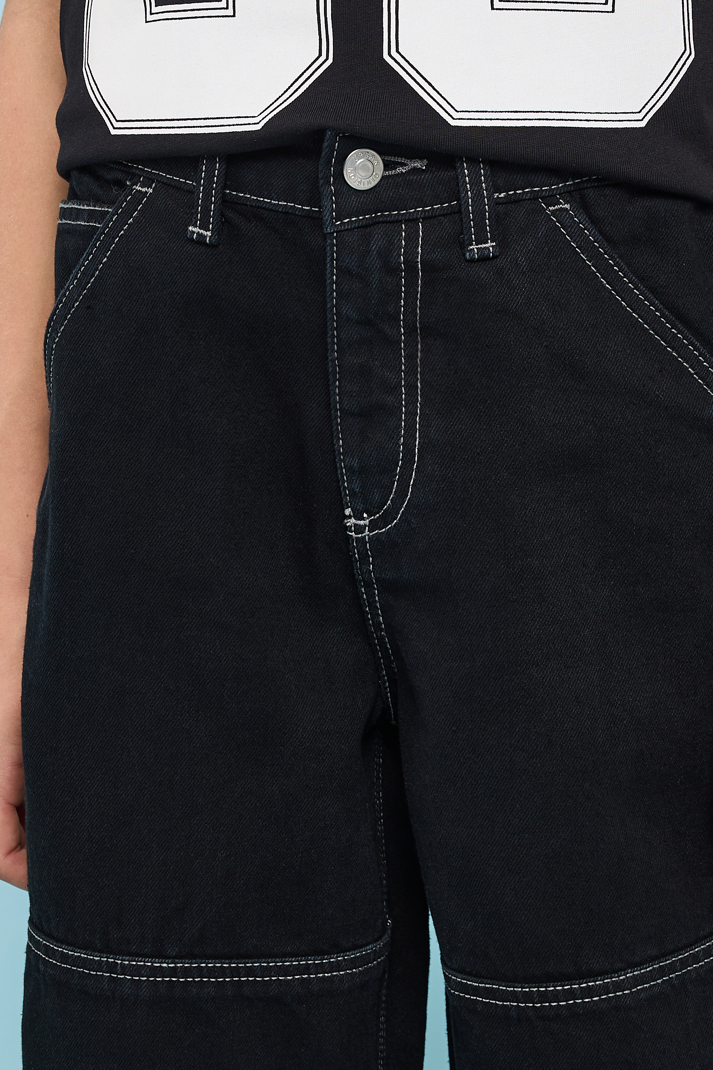 Seam Detail Loose Fit Jeans with Button Closure