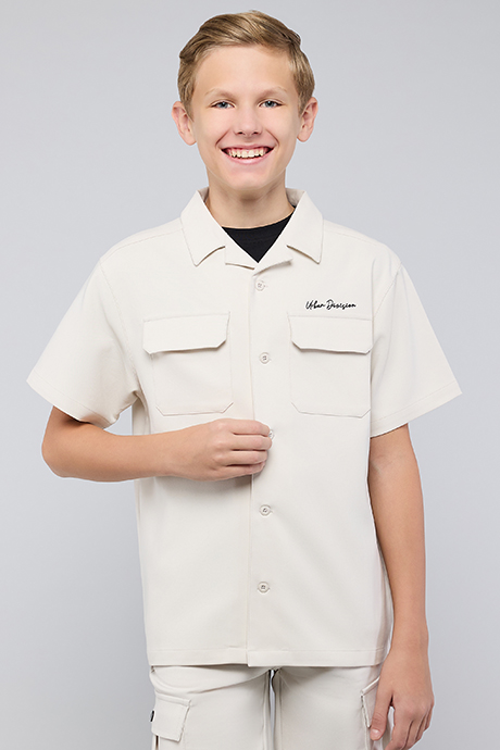 Solid Shirt with Revere Collar and Short Sleeves