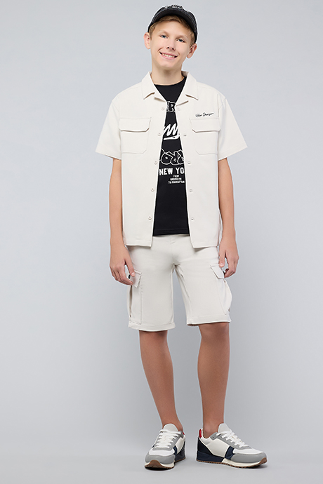 Solid Shirt with Revere Collar and Short Sleeves