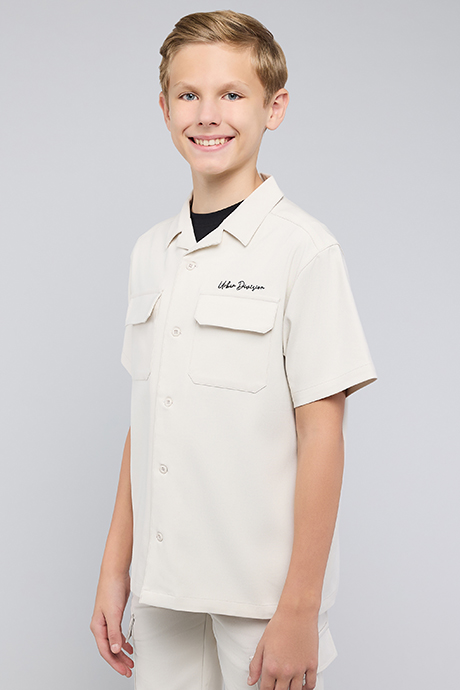 Solid Shirt with Revere Collar and Short Sleeves
