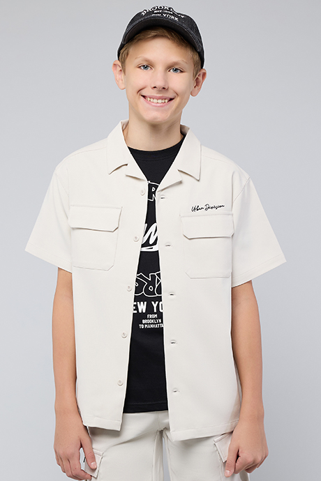 Solid Shirt with Revere Collar and Short Sleeves