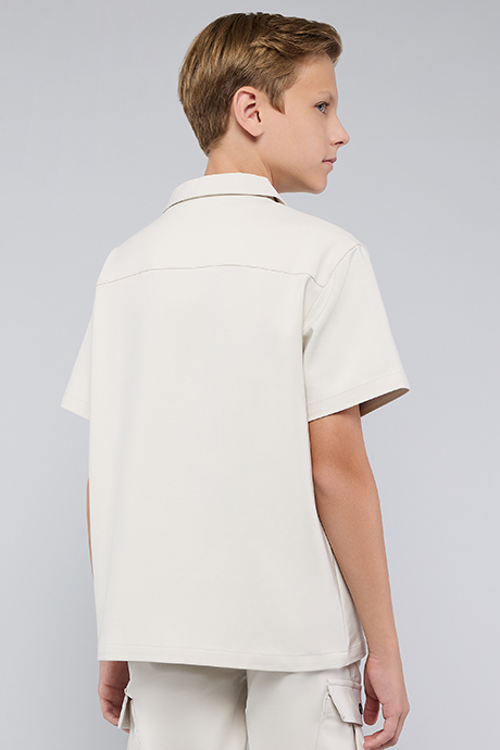 Solid Shirt with Revere Collar and Short Sleeves
