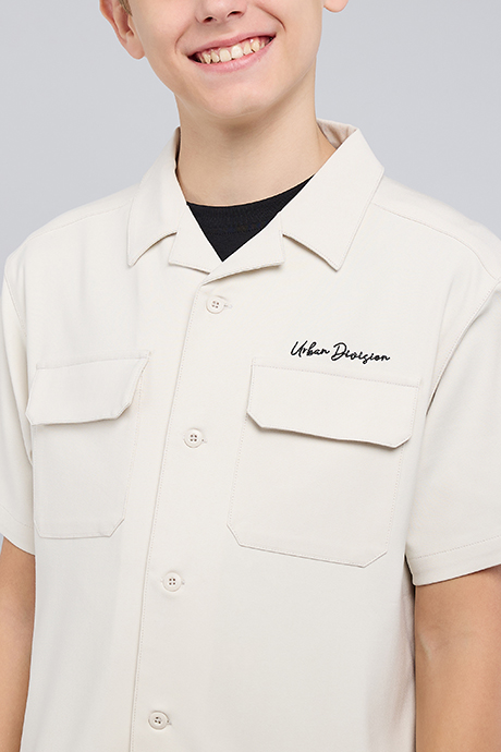 Solid Shirt with Revere Collar and Short Sleeves