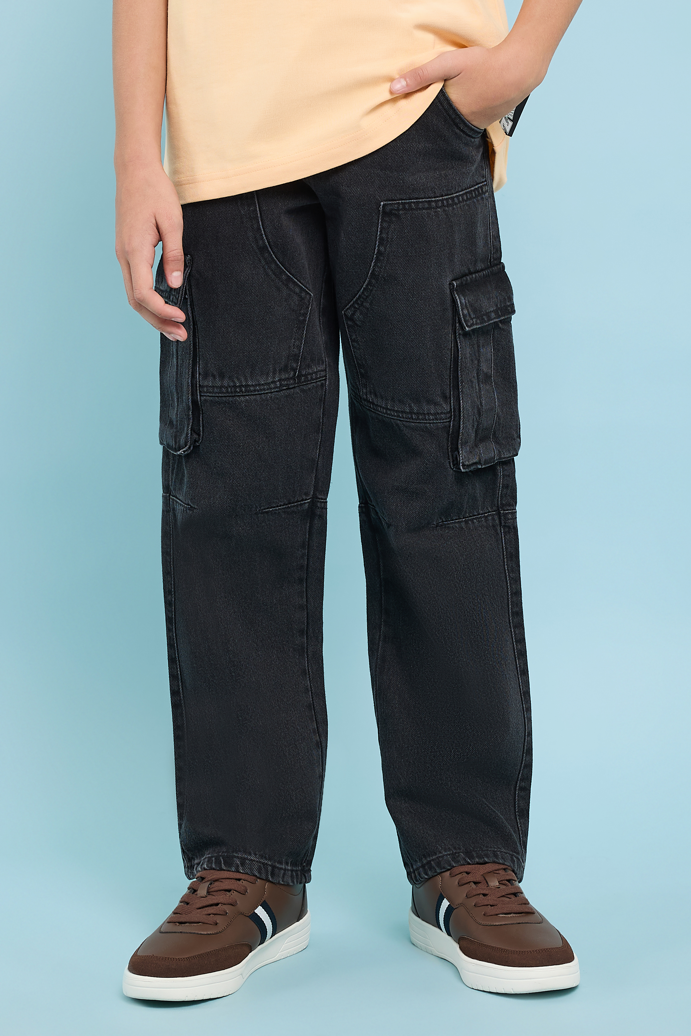 Washed Cargo Jeans with Button Closure