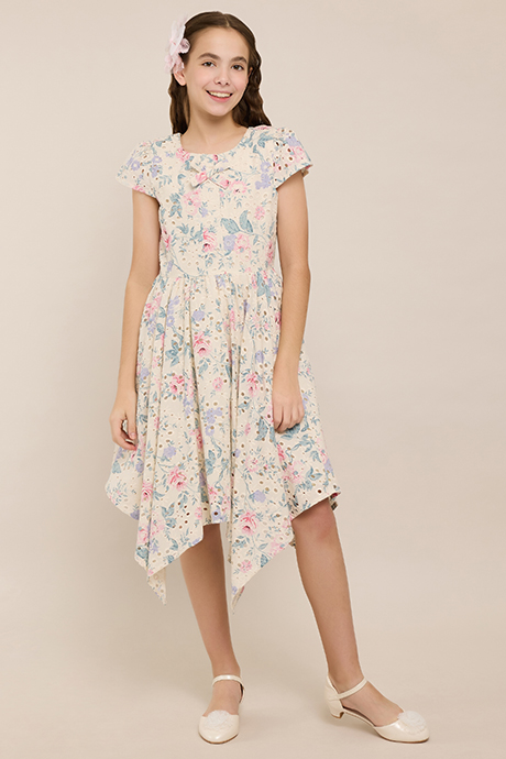 Floral Print Asymmetric Dress with Crew Neck and Short Sleeves