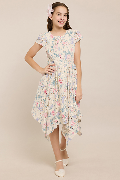 Floral Print Asymmetric Dress with Crew Neck and Short Sleeves