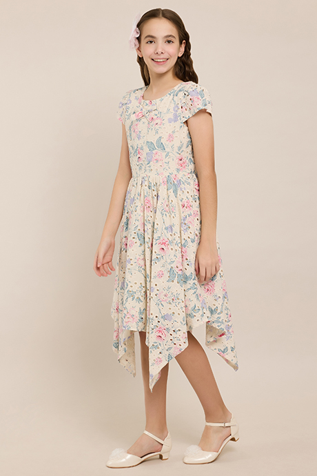 Floral Print Asymmetric Dress with Crew Neck and Short Sleeves