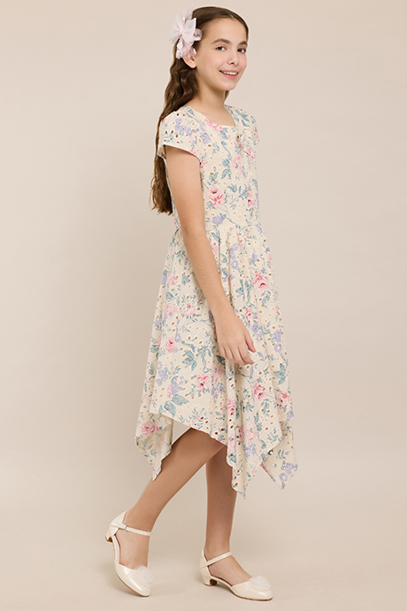Floral Print Asymmetric Dress with Crew Neck and Short Sleeves